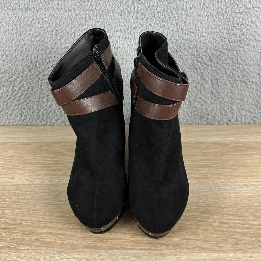 Red Circle Wedge Ankle‎ Booties Womens 8.5 Black Brown Strap Studded Side Zip